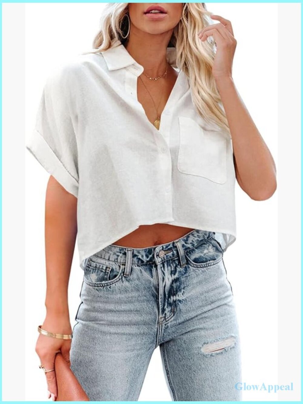 Crop Button Down Shirt Long Sleeve Blouse with Chest Pocket
